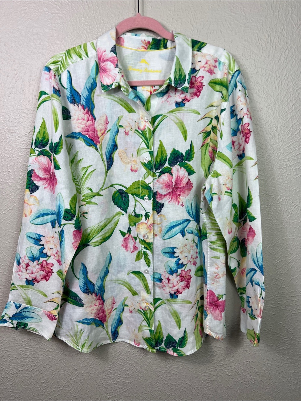 Tommy Bahama Linen Tropical Floral Print Long Sleeve Button Front Blouse XL
